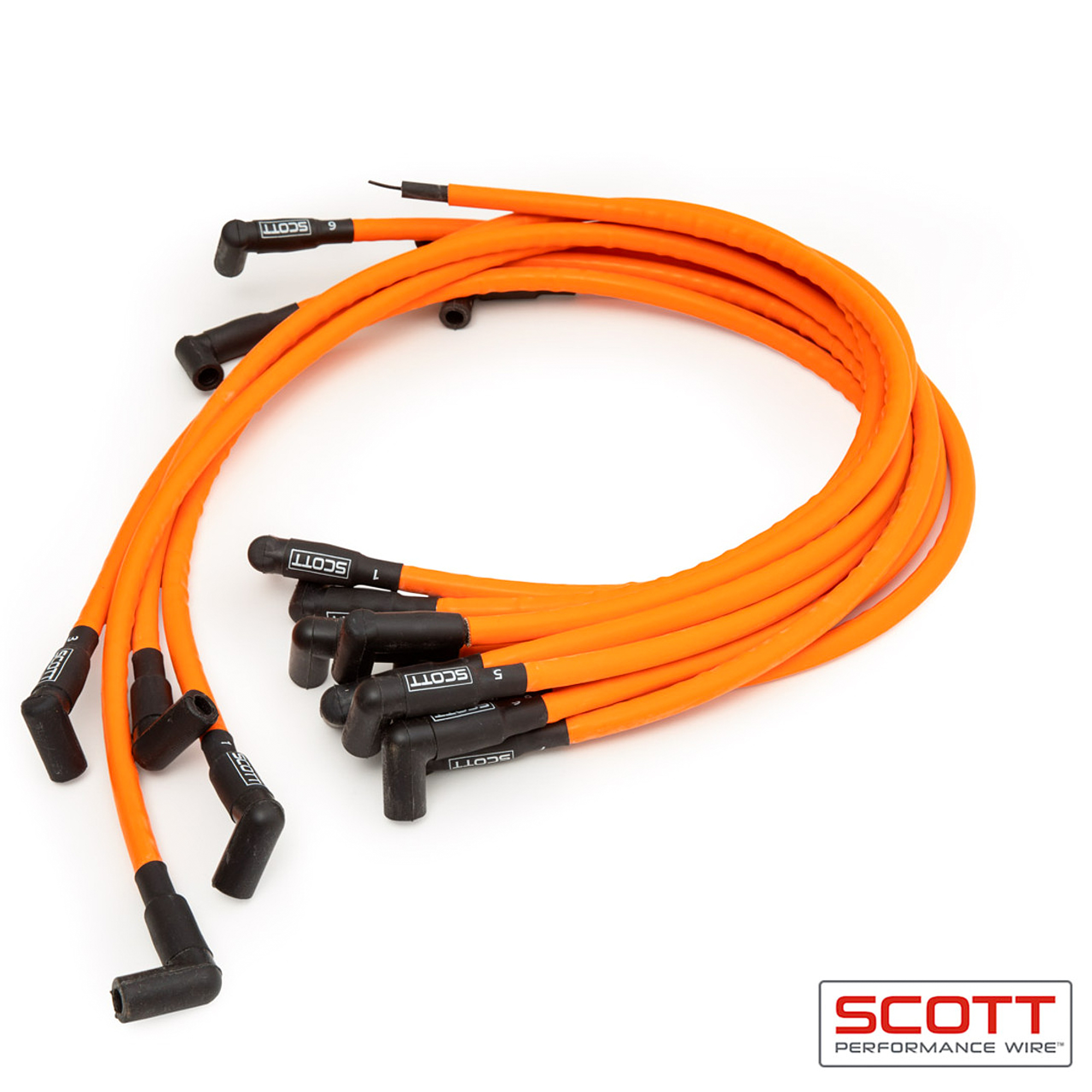Scott Performance Wire CH-402-5 Spark Plug Wire Set, High Performance, Spiral Core, 10 mm, Orange, 90 Degree Plug Boots, HEI Style, Over Headers, Small Block Chevy, Kit