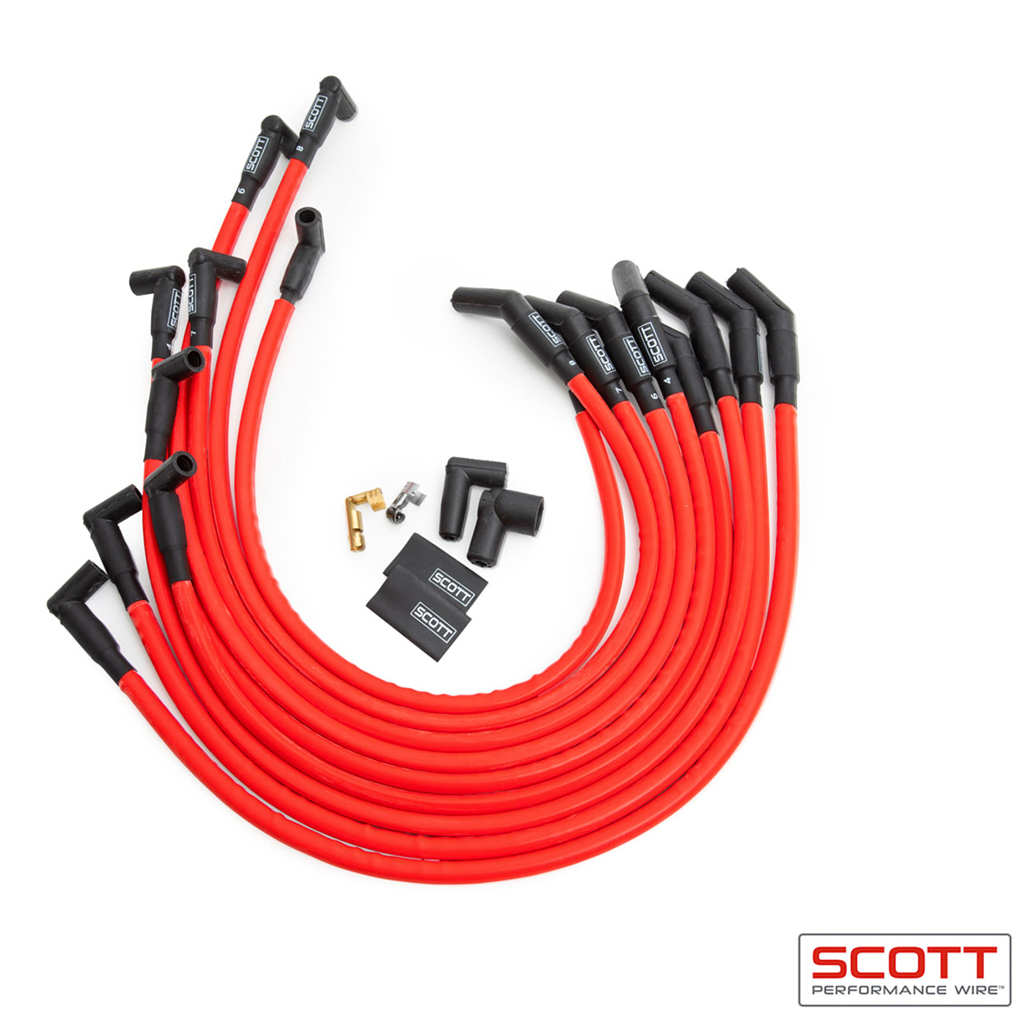 Scott Performance Wire CH-415-2 Spark Plug Wire Set, High Performance, Spiral Core, 10 mm, Red, 90 Degree Plug Boots, HEI Style, Over Headers, Big Block Chevy, Kit