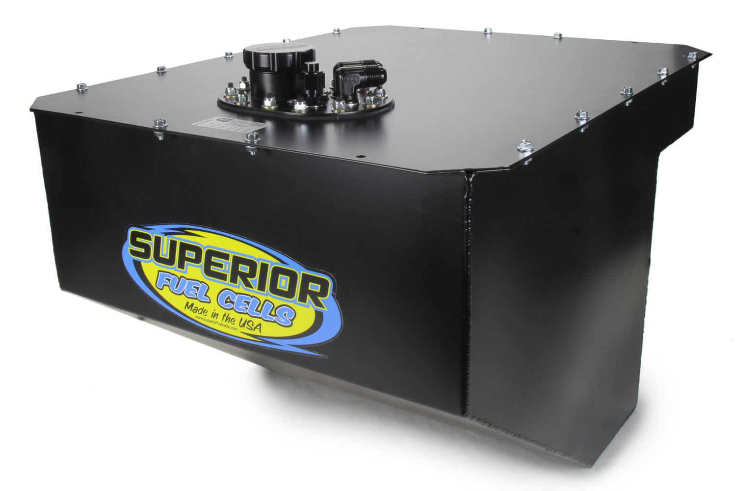 Superior Fuel Cells SFC26BMTF-BL-SFI - Fuel Cell, 26 gal, SFI Approved, 20.5 in Wide x 19.75 in Deep, 10 AN Male Outlet / Return, Foam / Straps Included, Steel, Black Powder Coat, Each