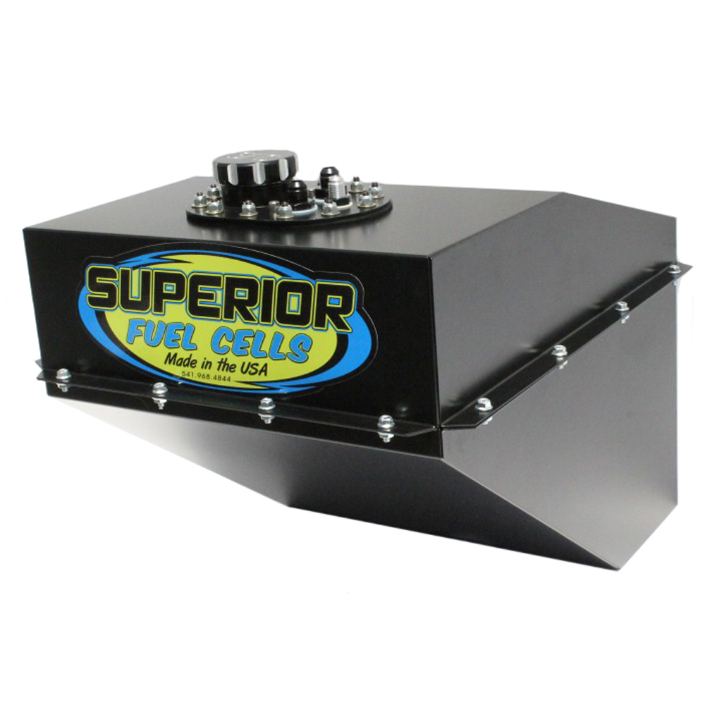 Superior Fuel Cells SFC30TF-BL-SFI Fuel Cell and Can, 30 gal, SFI, 20-3/4 in Deep x 23-3/4 in Wide, 10 AN Male Outlet, 8 AN Male Return, 6 AN Rollover Valve, Foam, Steel, Black Powder Coat, Dirt Late Model / Modified, Each
