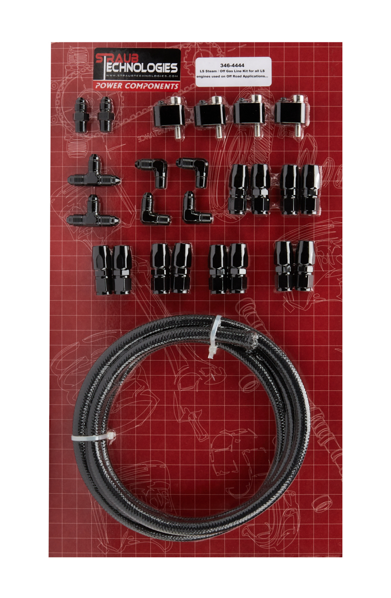 Straub Technologies 346-4444 Steam Vent Kit, Fitting / Hardware / Hose, 4 Corner, Black, GM LS-Series, Kit