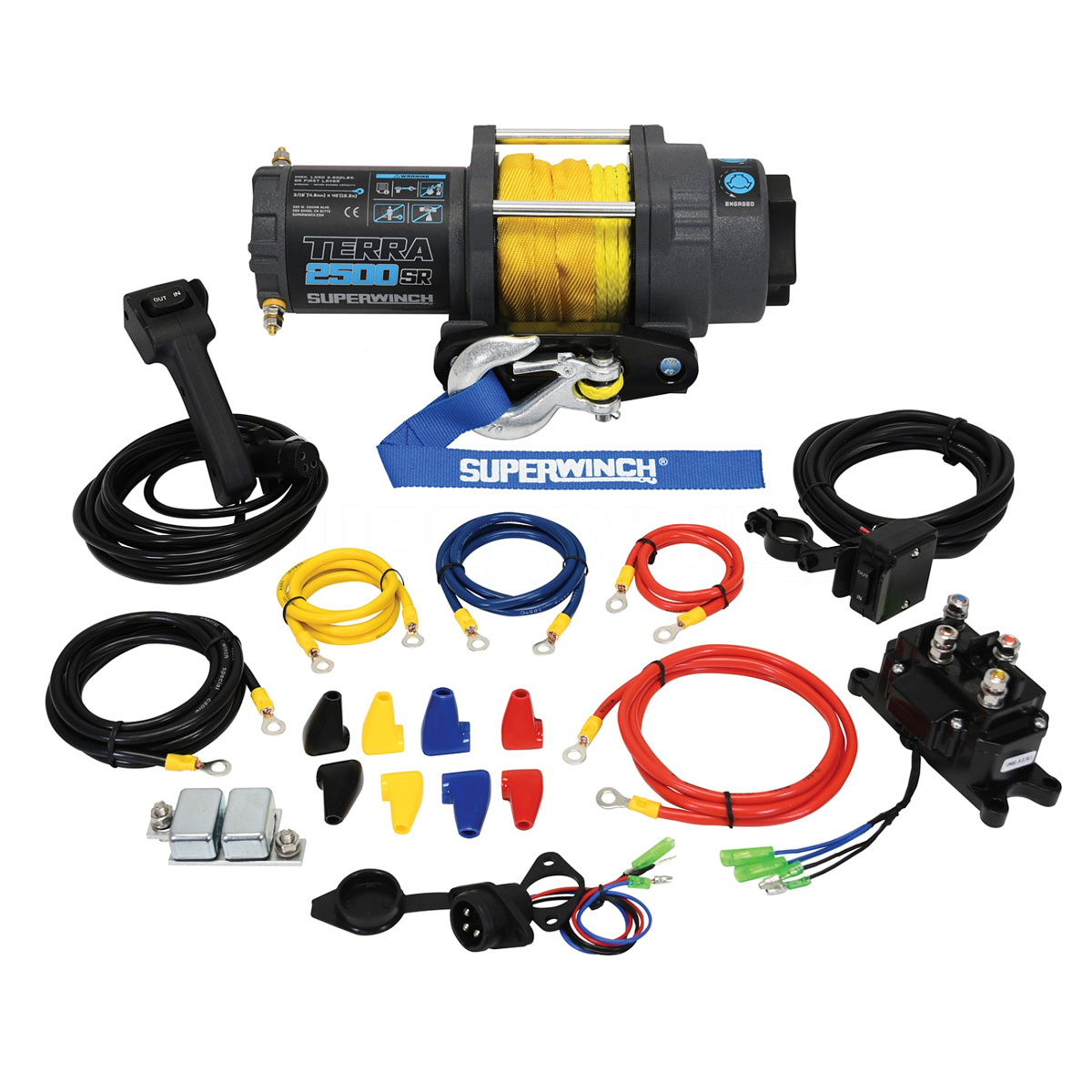 SuperWinch 1125270 Winch, Terra, 2500 lb Capacity, Hawse Fairlead, 10 ft Remote, 3/16 in x 40 ft Synthetic Rope, 12V, Kit