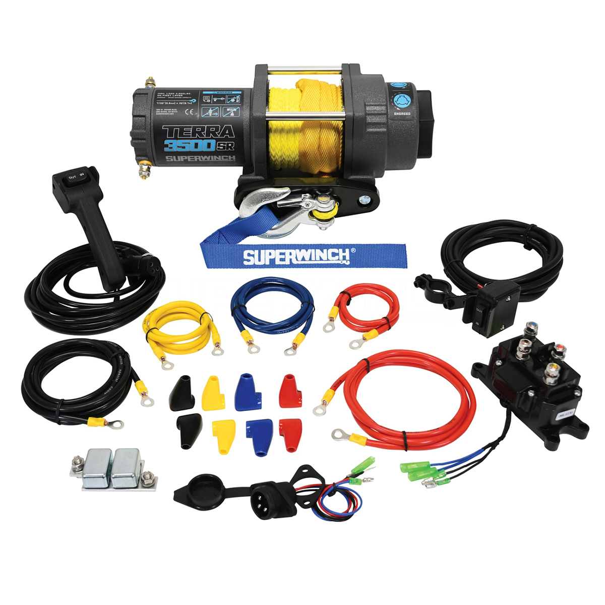 SuperWinch 1135270 Winch, Terra, 3500 lb Capacity, Hawse Fairlead, 10 ft Remote, 3/16 in x 32 ft Synthetic Rope, 12V, Kit
