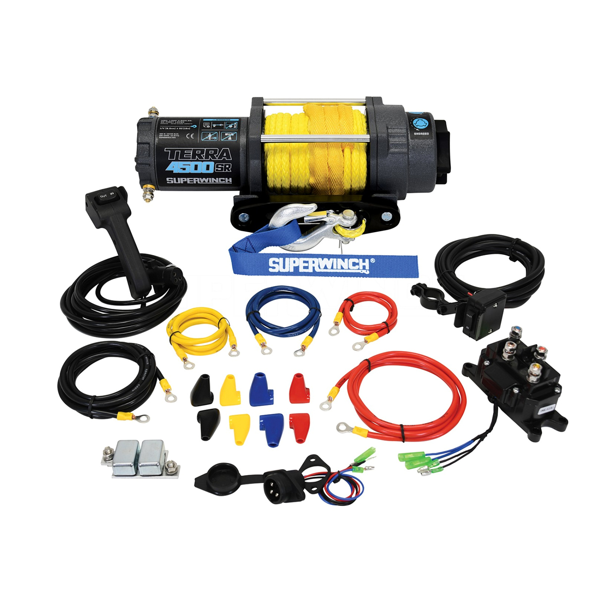 SuperWinch 1145270 Winch, Terra, 4500 lb Capacity, Hawse Fairlead, 10 ft Remote, 1/4 in x 50 ft Synthetic Rope, 12V, Kit