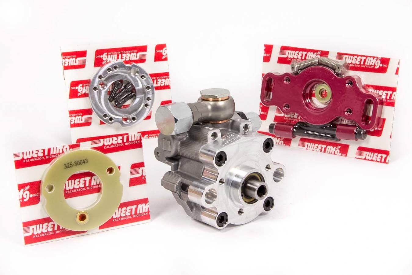 Sweet Manufacturing 306-10300 Power Steering Pump, Aluminum Housing, Spacers / Bolts Included, Aluminum, Red Anodized, Sprint Car, Each