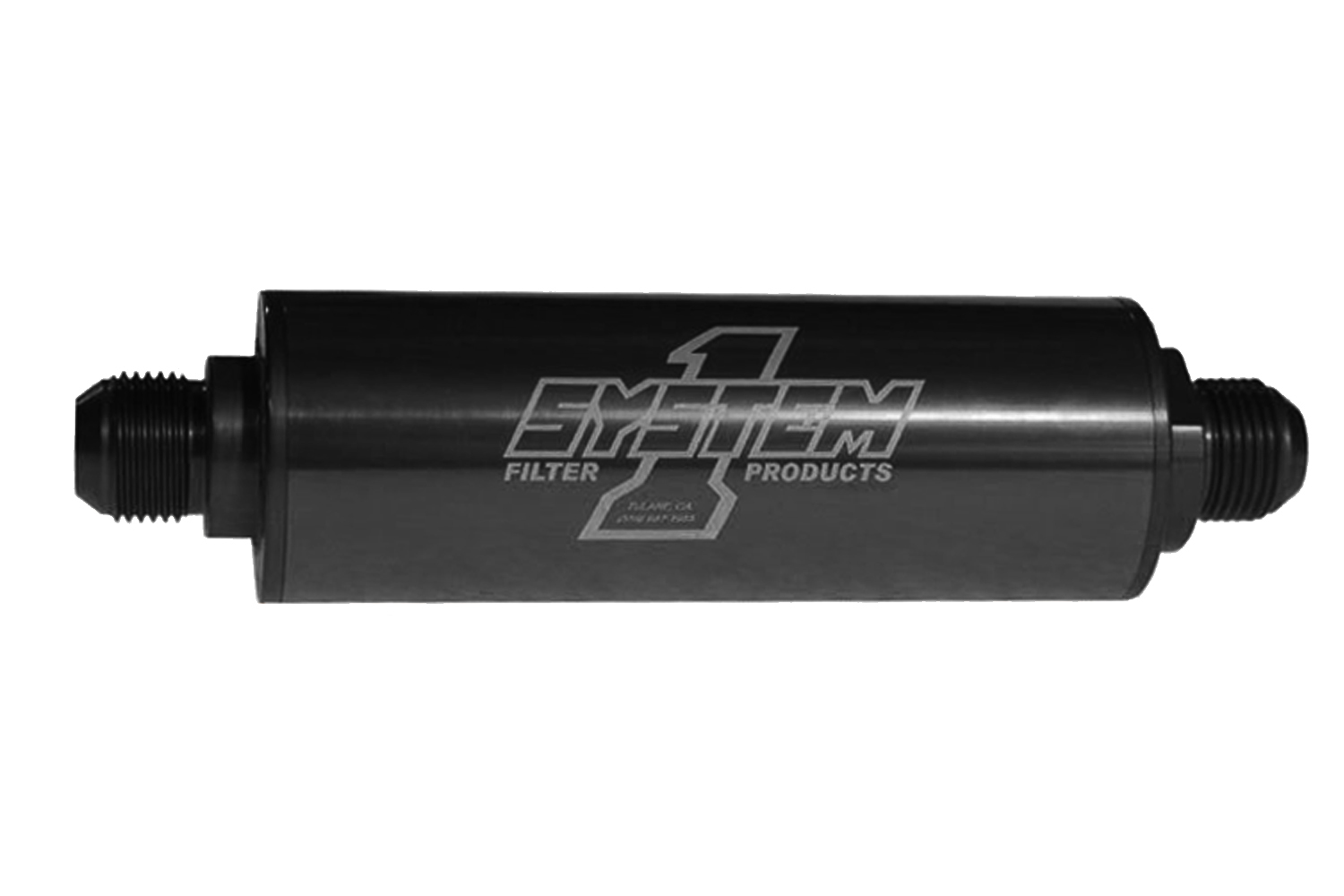 System One 202-202408B Fuel Filter, Long Billet, In-Line, 35 Micron, Stainless Element, 8 AN Male Inlet, 8 AN Male Outlet, Aluminum, Black Anodized, Each