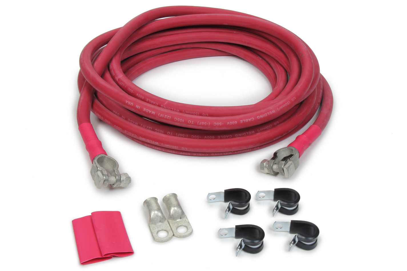 Taylor Cable 21540 Battery Cable, 1/0 Gauge, 20 ft, 4 Terminals, Shrink Tubing / Ring Terminals Included, Copper, Red, Kit