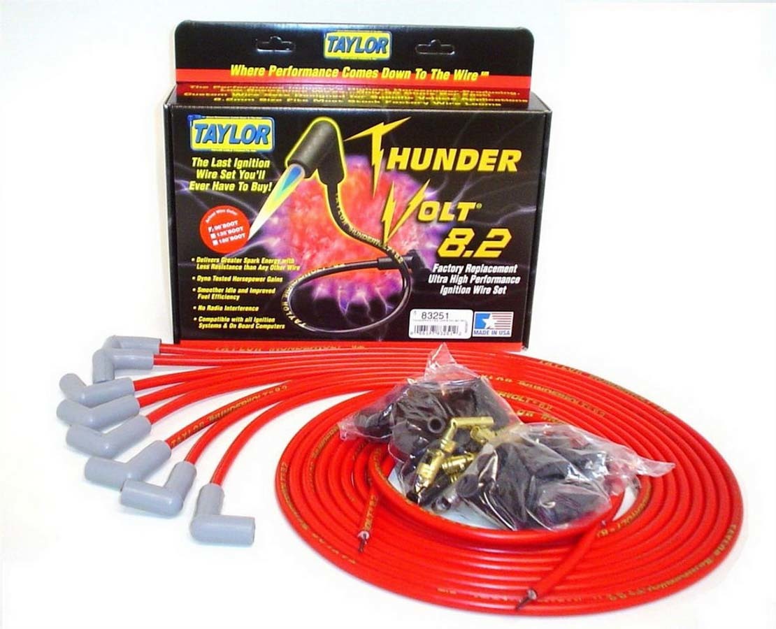 Taylor Cable 83251 Spark Plug Wire Set, ThunderVolt, Spiral Core, 8.2 mm, Red, 90 Degree Plug Boots, HEI / Socket Style, Cut-To-Fit, V8, Kit
