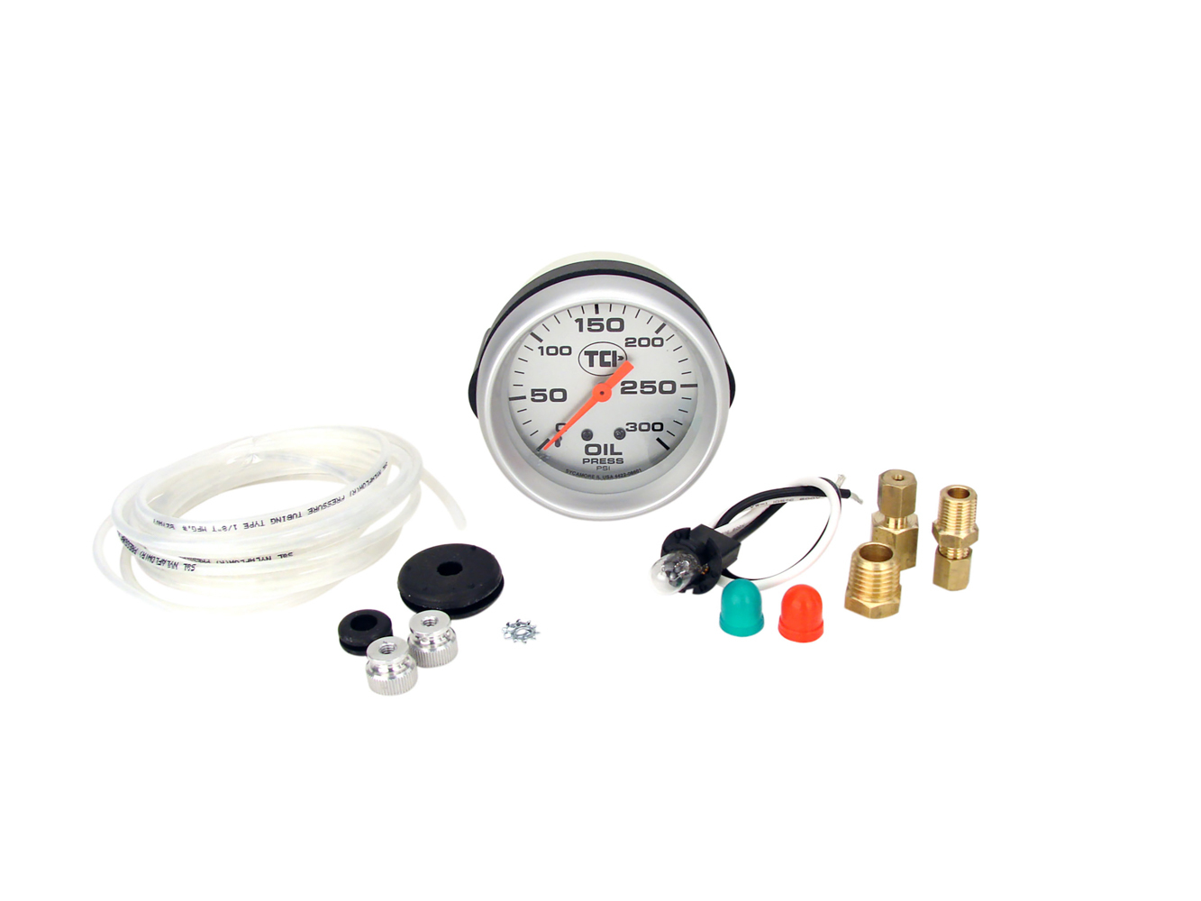 TCI 801101 Transmission Pressure Gauge, 0-300 psi Range, Mechanical, Analog, 2-5/8 in Diameter, Silver Face, Kit