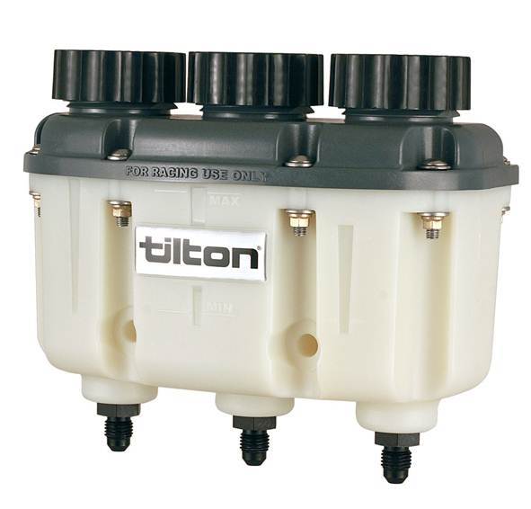 Tilton Engineering 72-577 Master Cylinder Reservoir, 3-Chamber, 6.3 / 9.8 / 4.0 oz, 6 in Tall x 7-1/4 in Wide x 3-1/4 in Deep, 4 AN Male Outlets, Plastic, Black, Each