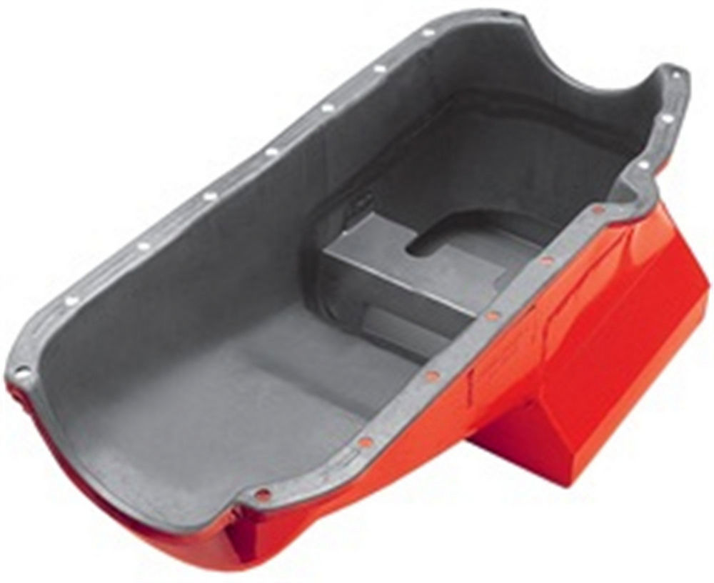 Trans Dapt 0168 Engine Oil Pan, Street Performance, Rear Sump, 7 qt, 8-1/4 in Deep, Pickup Included, Steel, Red Paint, Small Block Chevy, Each