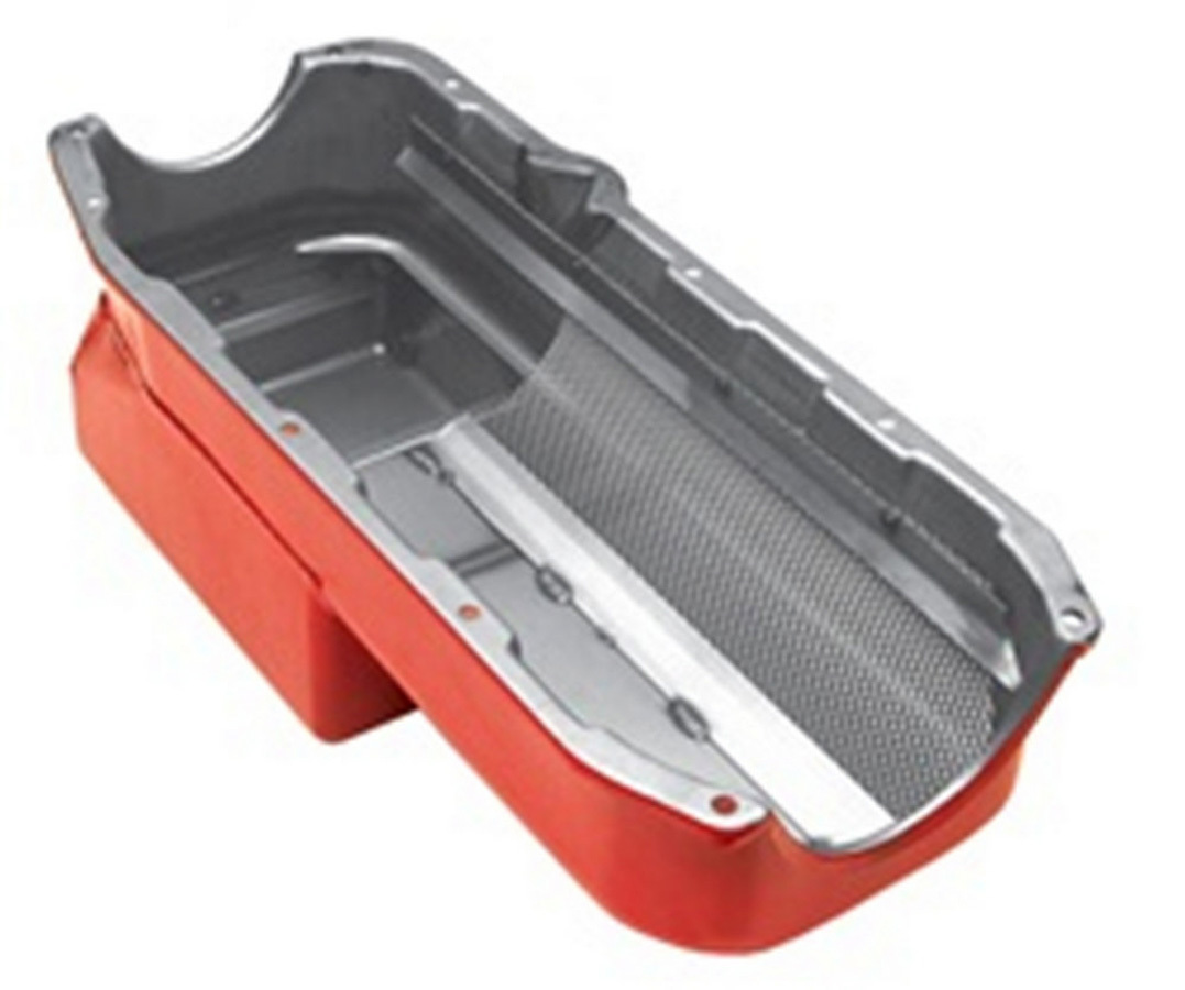 Trans Dapt 1078 Engine Oil Pan, Econo-Series, Rear Sump, 7 qt, 8 in Deep, Pickup / Gasket Included, Steel, Red Paint, Small Block Chevy, Kit