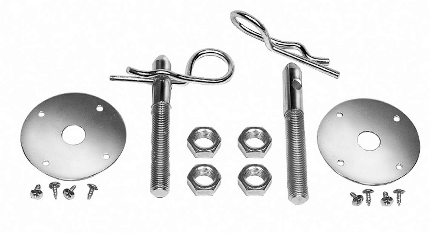 Trans Dapt 4051 Hood Pin, 1/2 in OD x 4 in Long, 2-1/2 in OD Scuff Plates, Hairpin Clips, Hardware Included, Steel, Chrome, Kit