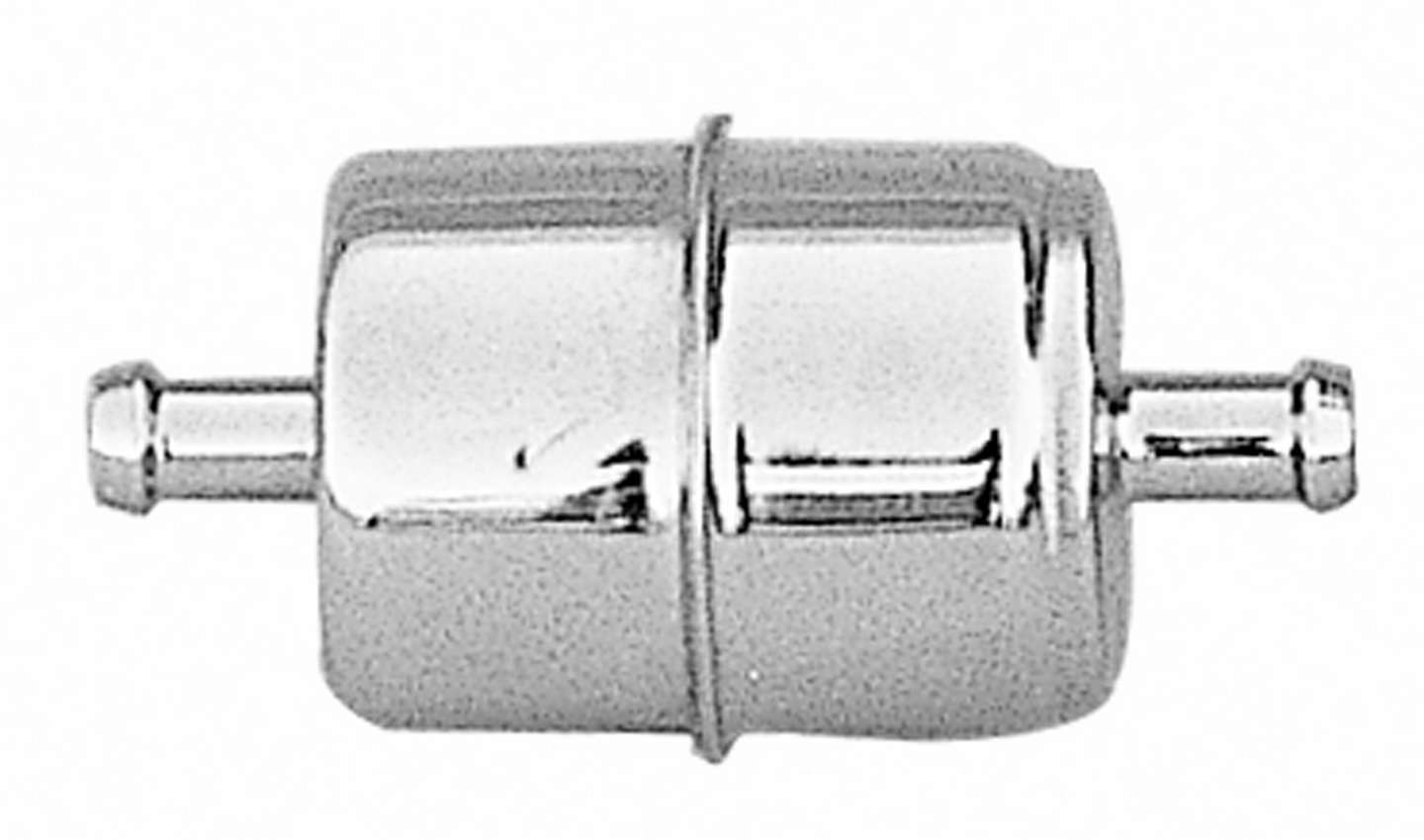 Trans Dapt 9177 Fuel Filter, In-Line, Paper Element, 3/8 in Hose Barb Inlet, 3/8 in Hose Barb Outlet, Disposable, Steel, Chrome, Each