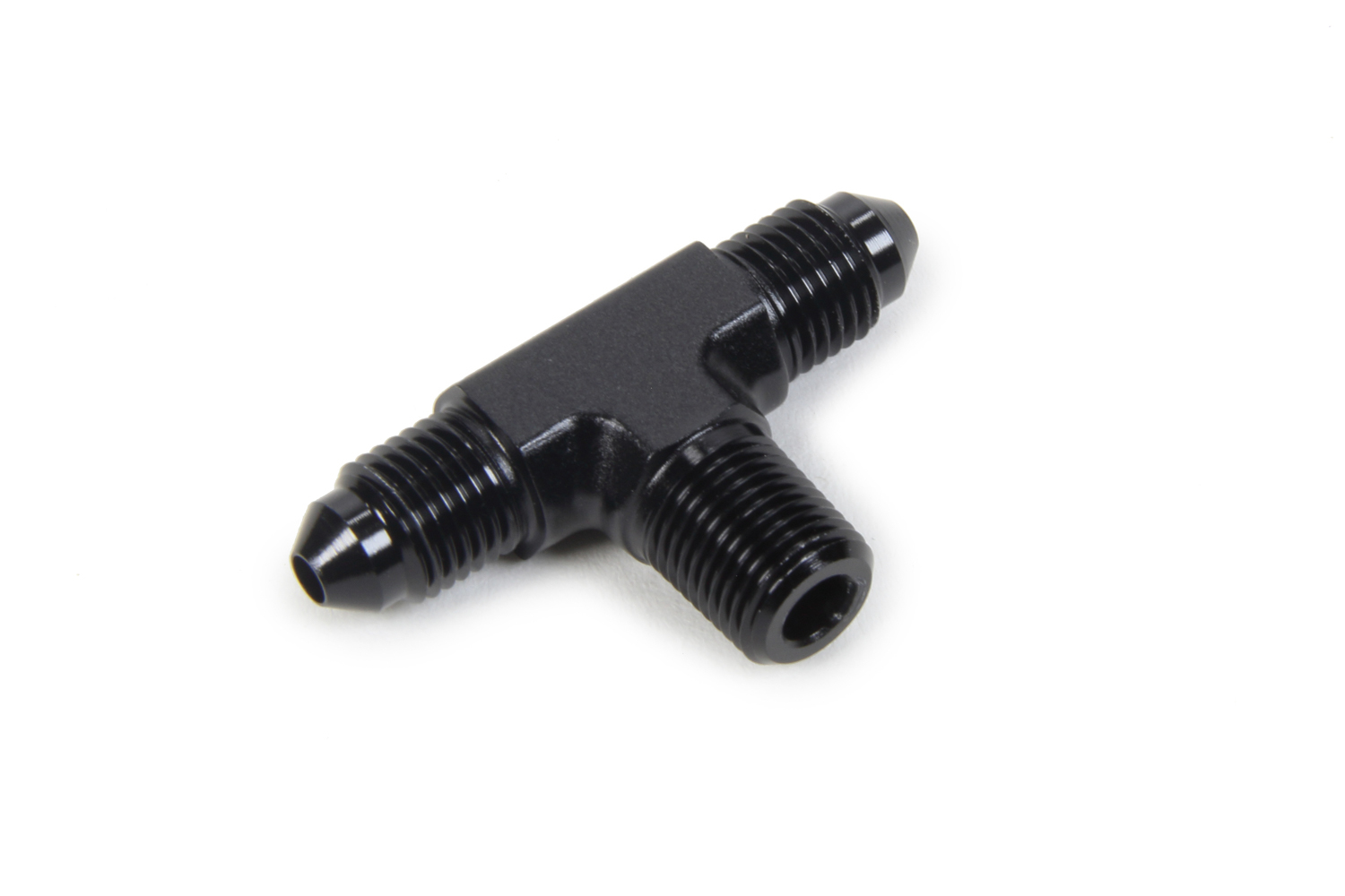 Fitting - Adapter Tee - 3 AN Male x 3 AN Male x 1/8 in NPT Male - Aluminum - Black Anodized - Each