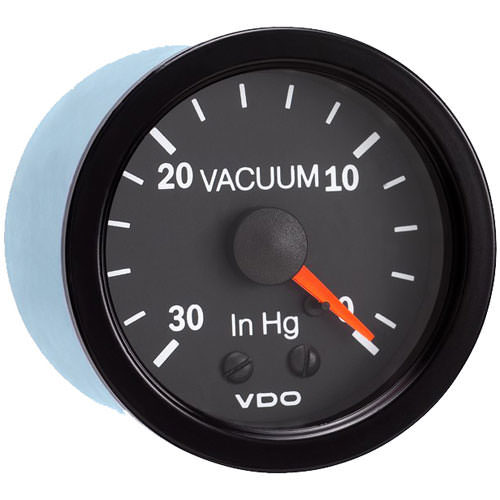 VDO 150-131 Vacuum Gauge, Vision, 0-30 in HG, Mechanical, Analog, 2-1/16 in Diameter, Black Face, Each
