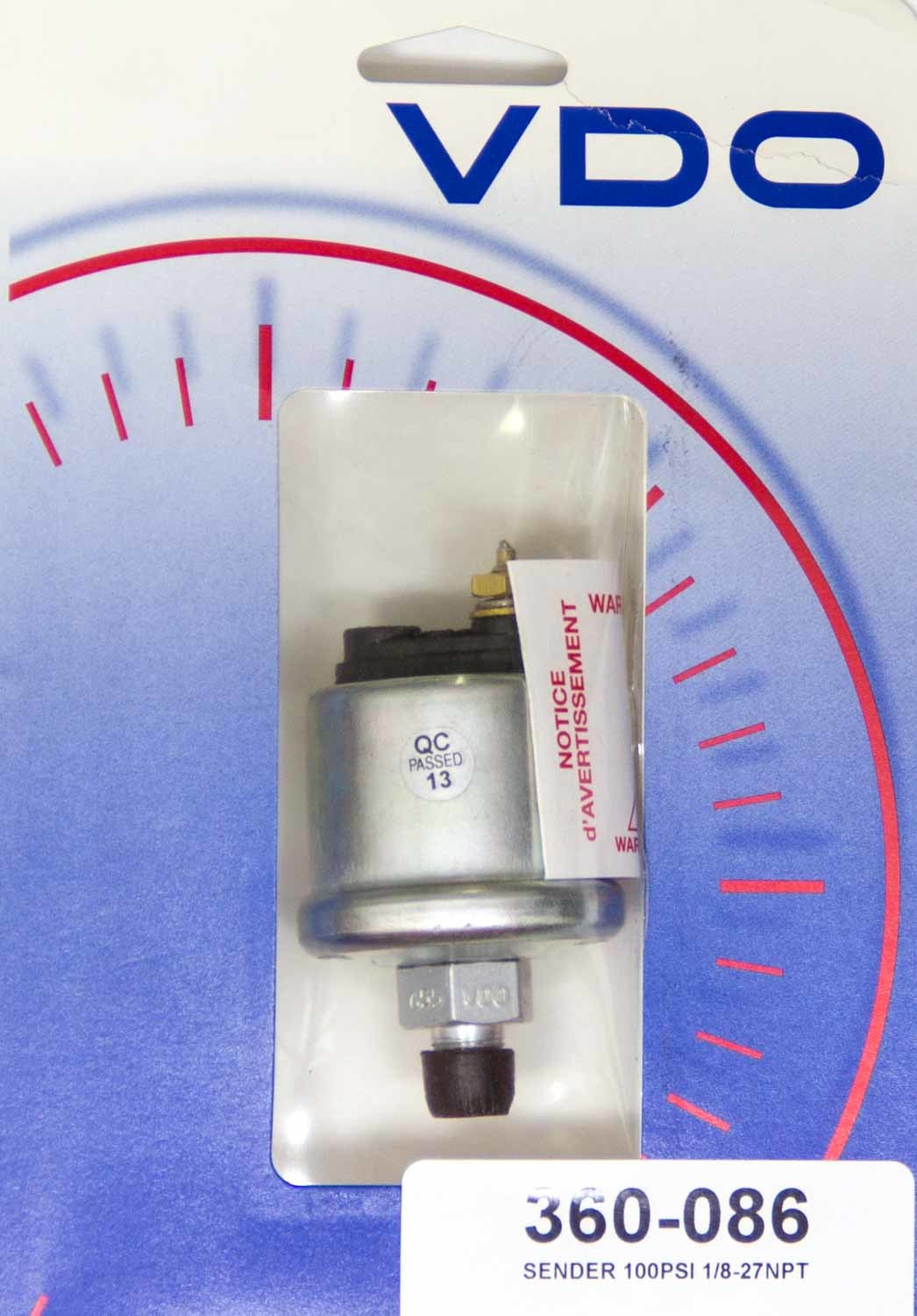 VDO 360-086 Pressure Sending Unit, Electric, 1/8 in NPT Male, 100 psi, Each