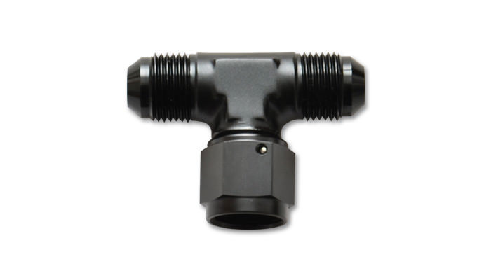 Vibrant Performance 10792 Fitting, Adapter Tee, 6 AN Male x 6 AN Male x 6 AN Female Swivel, Aluminum, Black Anodized, Each