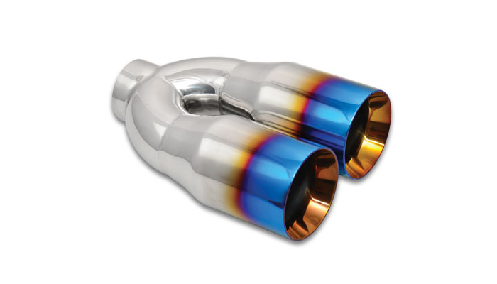 Vibrant 2.5in ID Dual 3.5in OD Round SS Tips (Double Wall, Straight Cut) with Burnt Blue Finish thumbnail 7