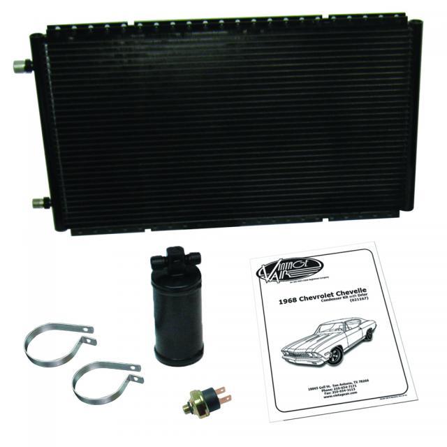 Vintage Air 021167 Air Conditioning Condenser and Drier, Sure Fit, Horizontal, 22 x 14 x 13/16 in, 6 AN / 8 AN Male O-Ring Fittings, Aluminum, Black Paint, GM A-Body 1968, Kit