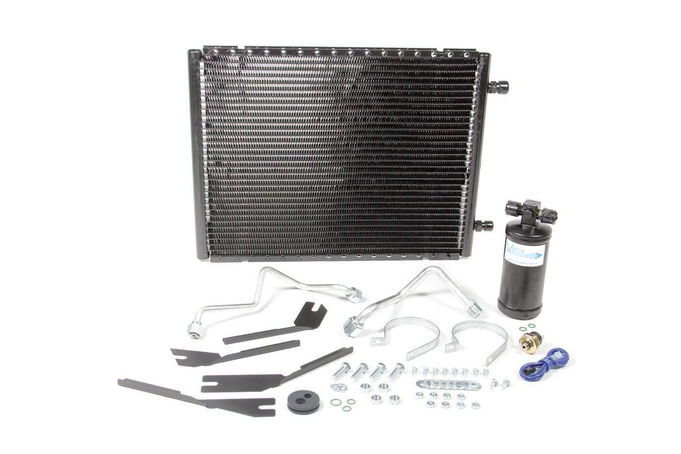 Vintage Air 022665 Air Conditioning Condenser and Drier, SuperFlow, Horizontal, 18 x 14 x 13/16 in, 6 AN / 8 AN Male O-Ring Fittings, Aluminum, Black Paint, GM X-Body 1962-67, Kit