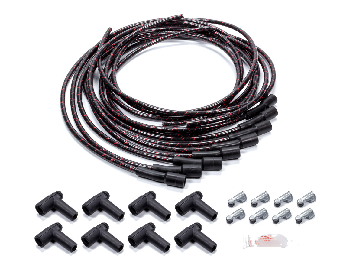 Spark Plug Wire Set - Spiral Core - 7.8 mm - Lacquer Covered Cotton Braid - Black / Red - Straight Boots - HEI Style Terminal - Universal - Kit