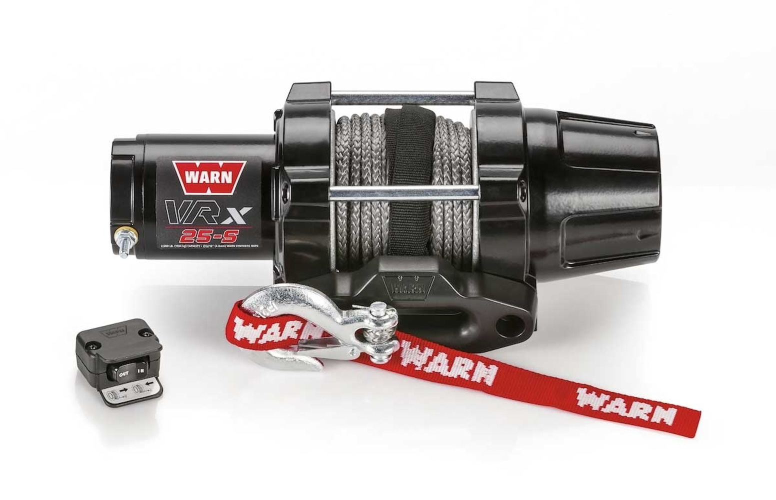 Warn 101020 Winch, VRX 25-S, 2500 lb Capacity, Hawse Fairlead, Handlebar Switch, 3/16 in x 50 ft Synthetic Rope, 12V, Kit