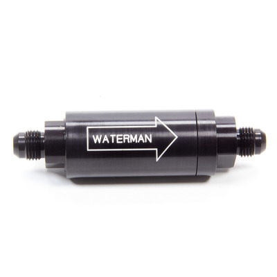 Waterman 42301 Fuel Filter, In-Line, 100 Micron, Stainless Element, 6 AN Male Inlet, 6 AN Male Outlet, Aluminum, Black Anodized, Each