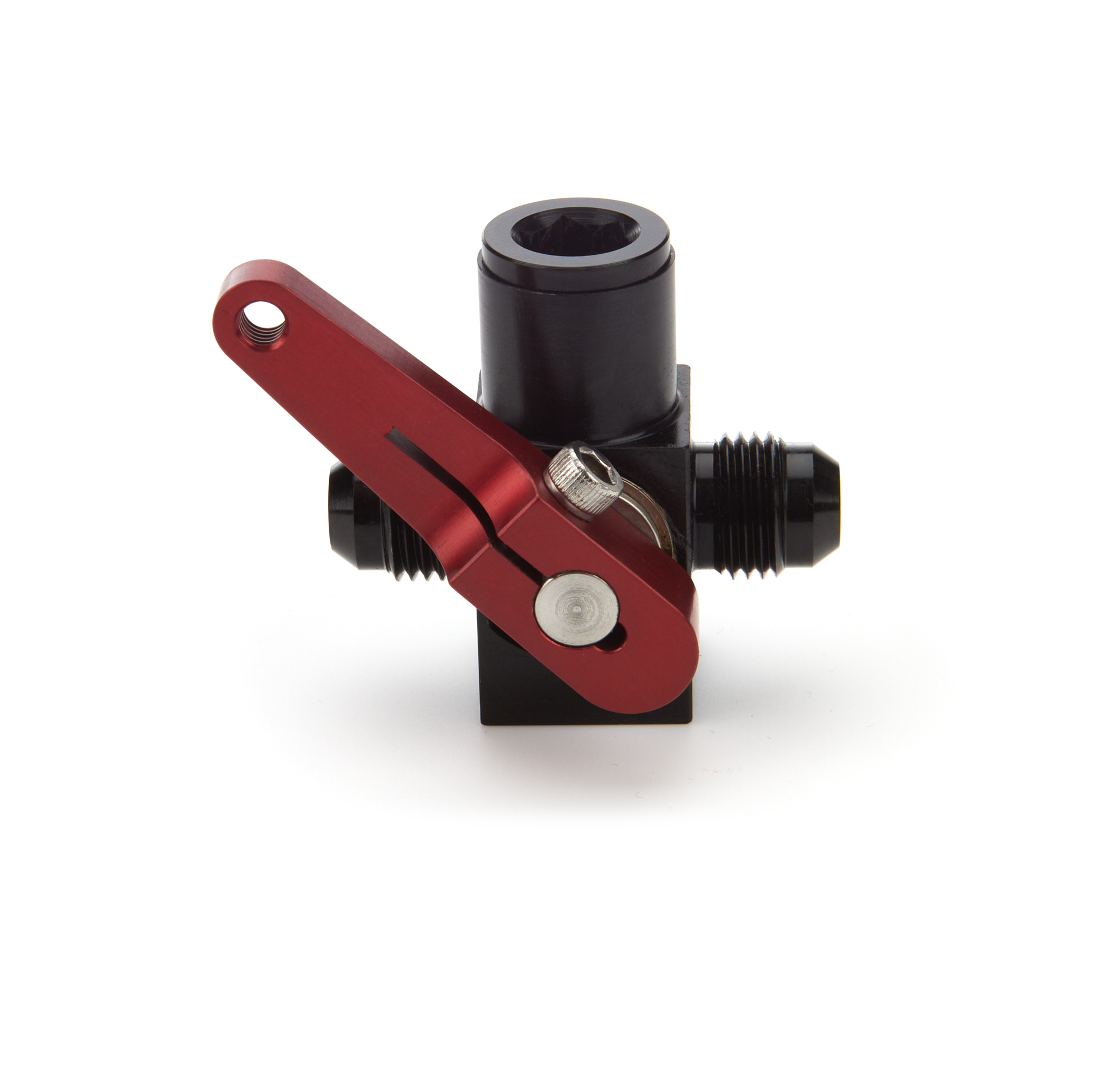 Waterman 44606 Shutoff Valve, Fuel Shutoff, Manual, Dash Mount, 6 AN Male Inlet, 6 AN Male Outlet, Aluminum, Black / Red Anodized, Each