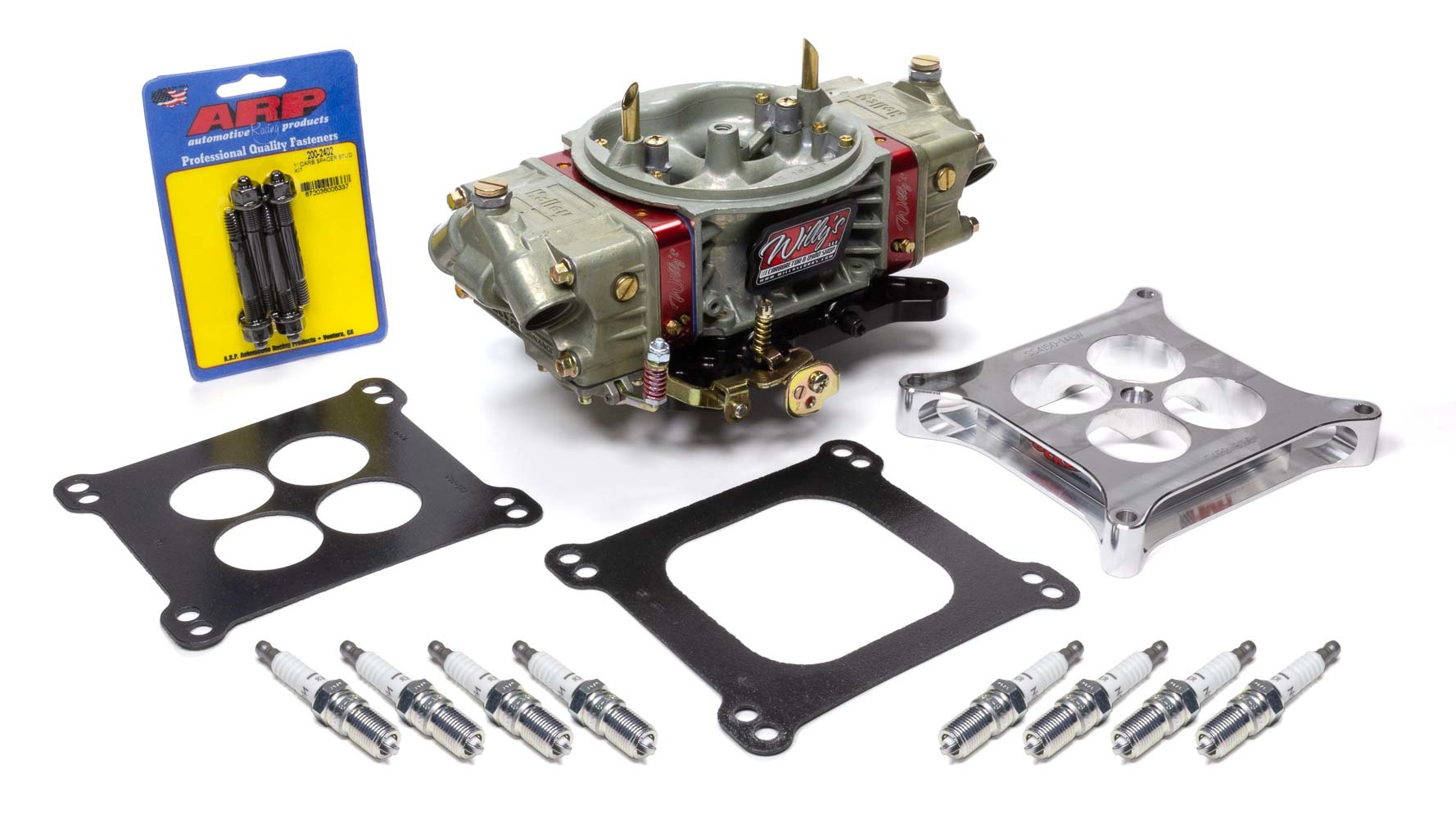Willys Carb 604CRATE Carburetor, GM604 Power Kit, 4-Barrel, 750 CFM, Square Bore, No Choke, Mechanical Secondary, Dual Inlet, Fasteners / Gaskets / Spacer / Spark Plugs Included, Chromate, 604 Crate Engine, Kit