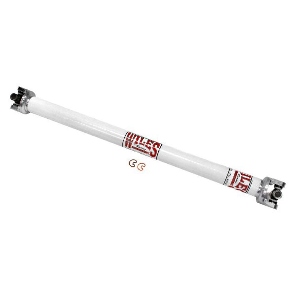 Wiles Driveshaft CF225345 Drive Shaft, 34.500 in Long, 2-1/4 in OD, 1310 U-Joints, Aluminum Ends, Carbon Fiber, White Paint, Each