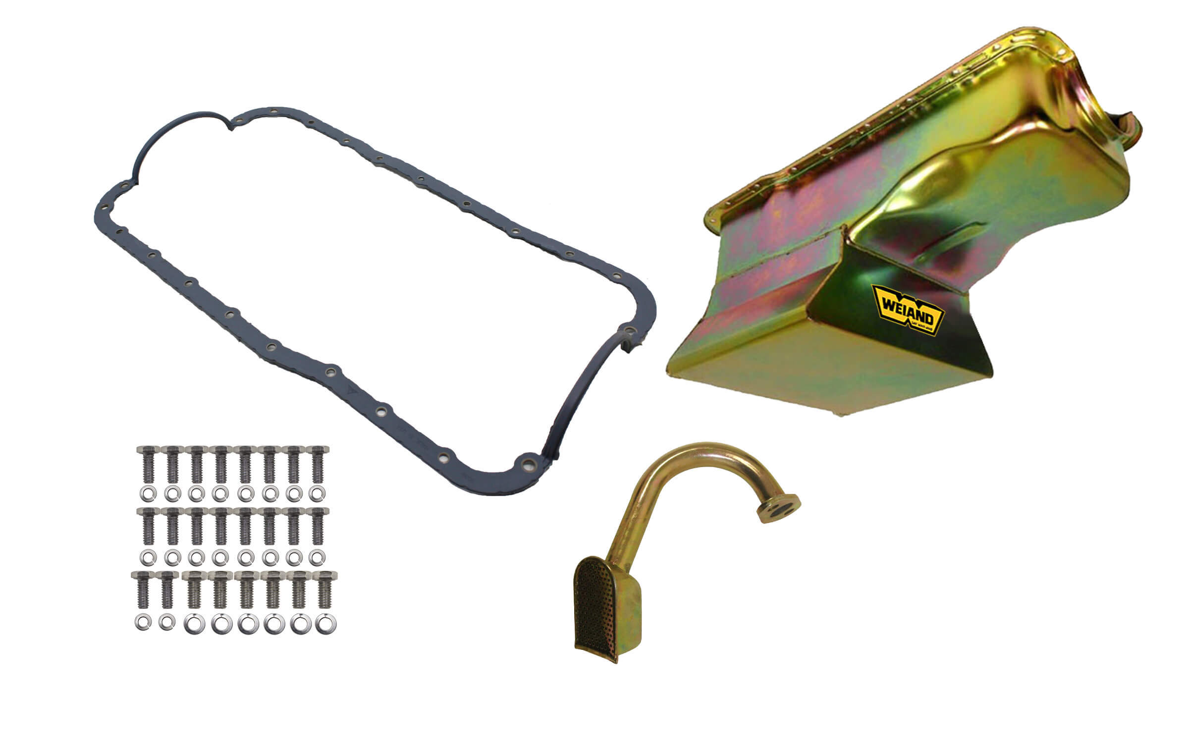Weiand 5025WND Engine Oil Pan Kit, Fabricated, Front Sump, 7 qt, 10-1/8 in Deep, Gasket / Hardware / Pickup, Steel, Gold Zinc, Drag, Small Block Ford, Kit