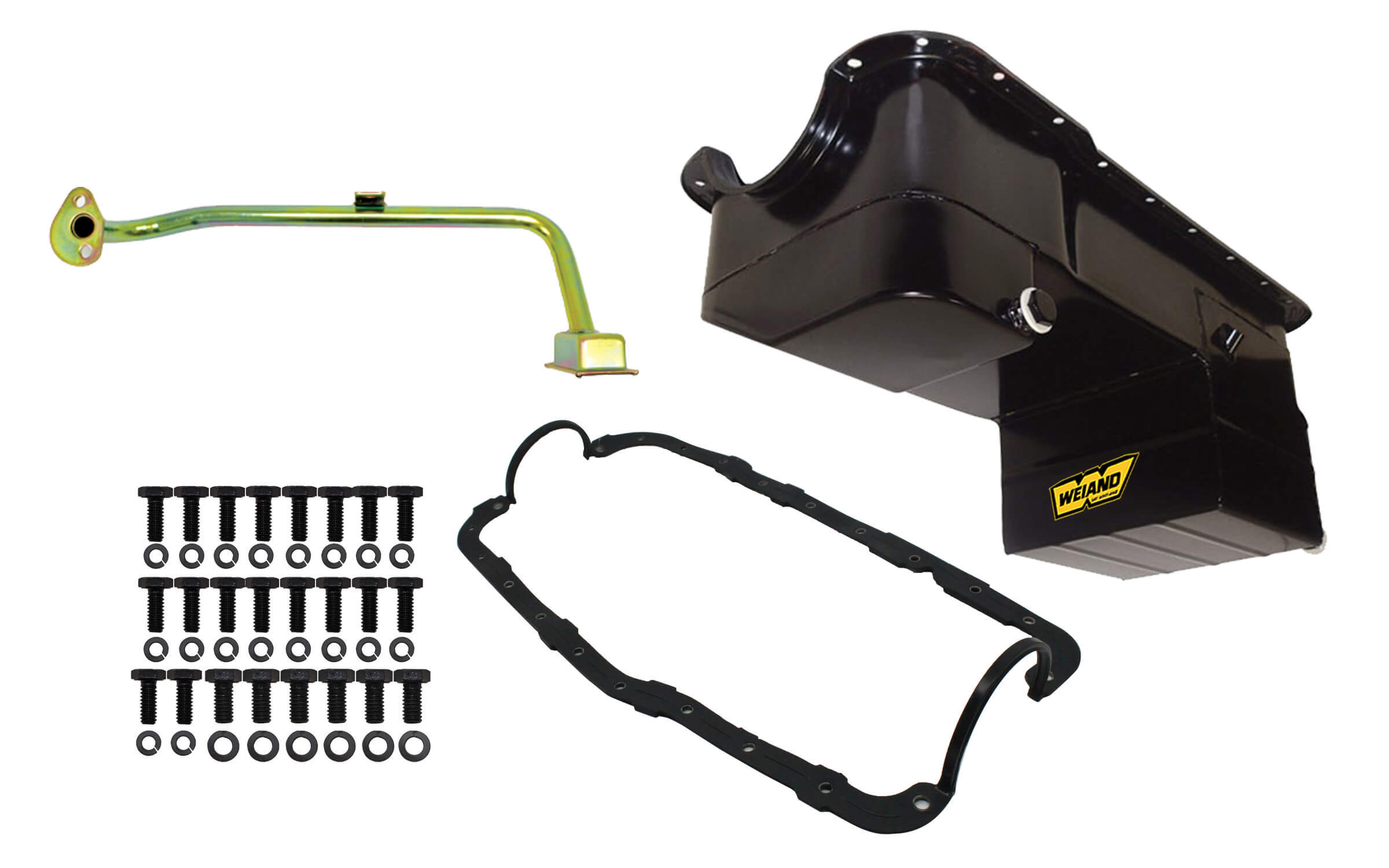 Weiand 5038WND Engine Oil Pan Kit, Fabricated, Rear Sump, 7 qt, 6 in Deep, Gasket / Hardware / Pickup, Steel, Black Paint, Drag, Small Block Ford, Ford Mustang 1979-93, Kit