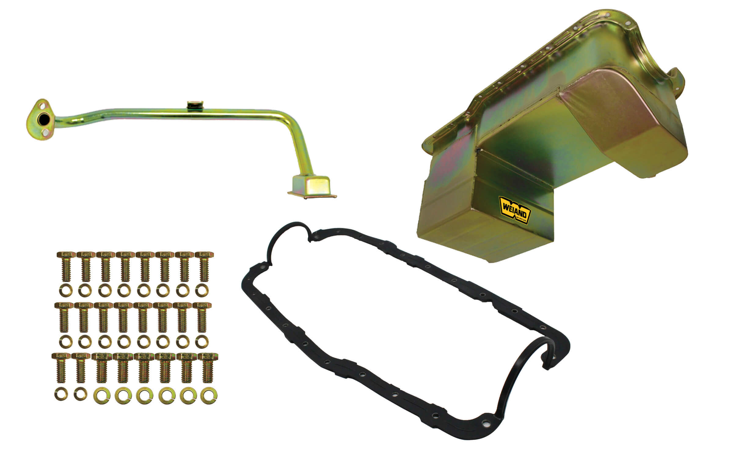 Weiand 5039WND Engine Oil Pan Kit, Fabricated, Rear Sump, 7 qt, 6 in Deep, Gasket / Hardware / Pickup, Steel, Gold Zinc, Drag, Small Block Ford, Ford Mustang 1979-93, Kit