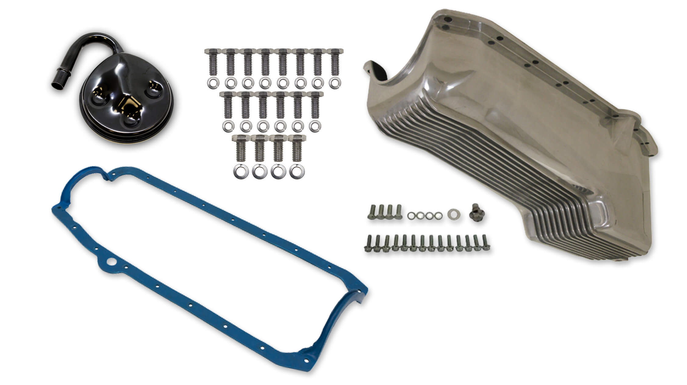 Weiand 6500FWND Engine Oil Pan Kit, Rear Sump, 4 qt, 7-5/16 in Deep, Hardware / Gasket / Pickup, Aluminum, Polished, Small Block Chevy, Kit