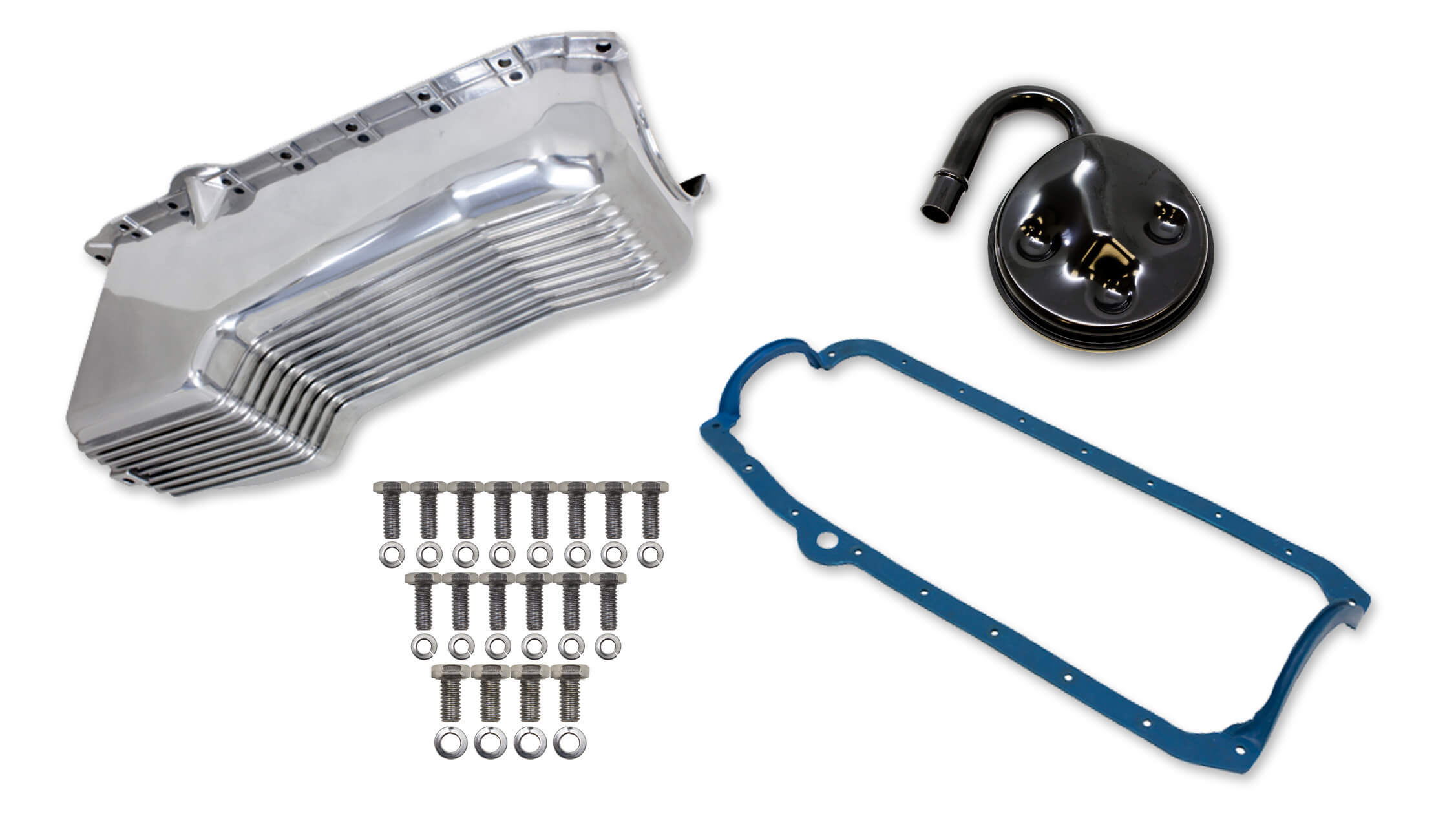 Weiand 6502FWND Engine Oil Pan Kit, Rear Sump, 4 qt, 7-5/16 in Deep, Hardware / Gasket / Pickup, Aluminum, Polished, Small Block Chevy, Kit