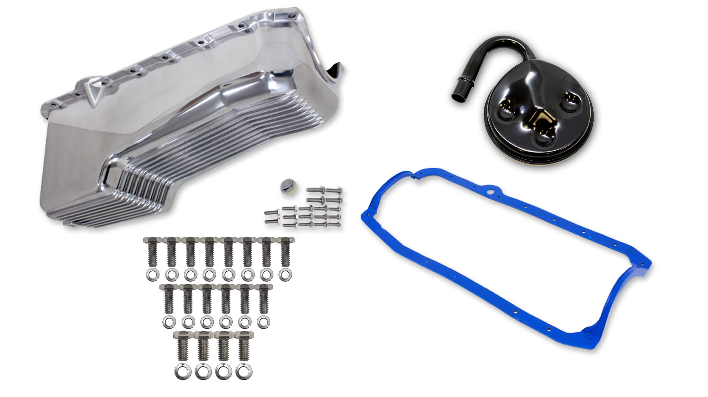 Weiand 6504FWND Engine Oil Pan Kit, Rear Sump, 4 qt, 7-5/16 in Deep, Hardware / Gasket / Pickup, Aluminum, Polished, Small Block Chevy, Kit