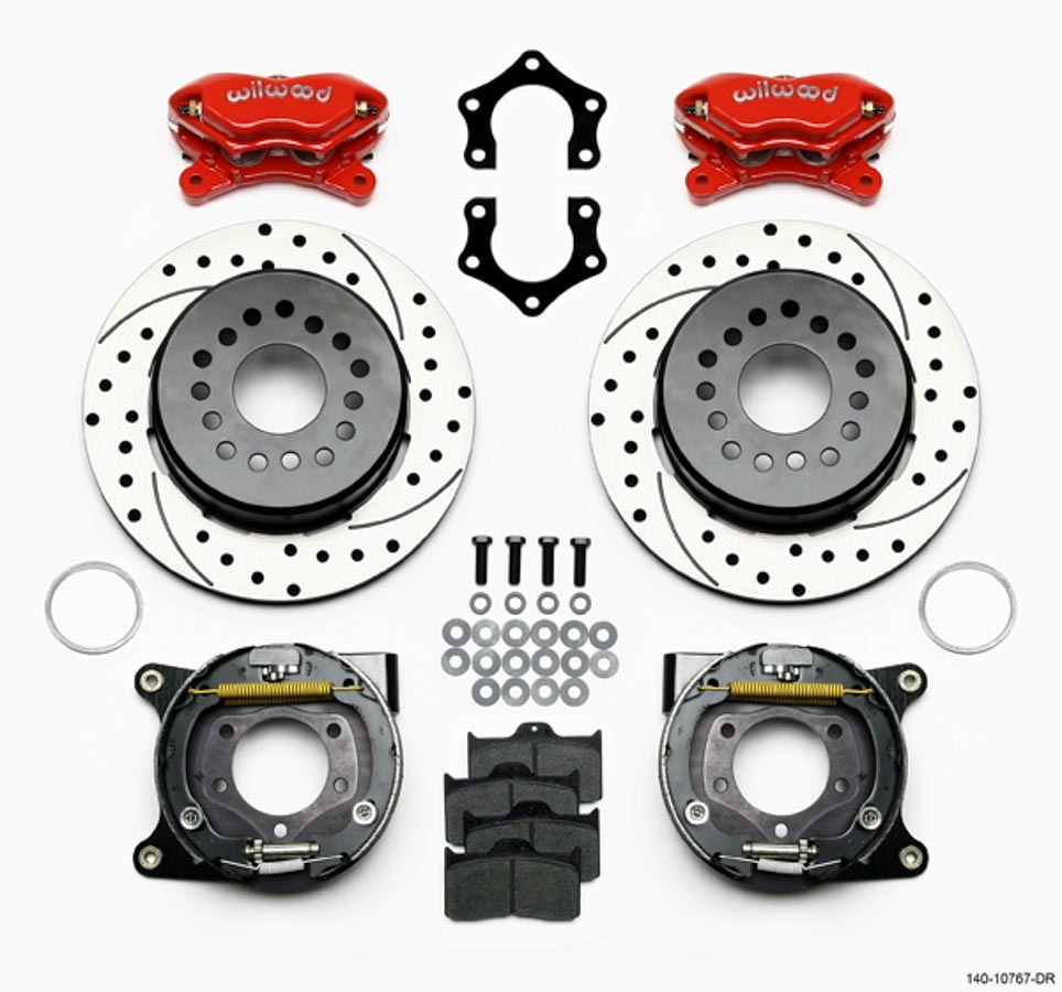 Wilwood 140-10767-DR Brake System, Forged Dynalite, Rear, 4 Piston Caliper, 12.190 in Drilled / Slotted Iron Rotor, Parking Brake, 2-1/2 in Offset, Red, Mopar / Dana, Kit