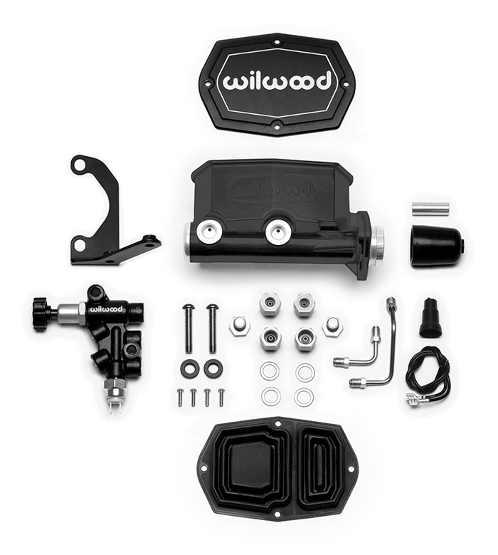 Wilwood 261-14964-BK Master Cylinder, Compact, 1-1/8 in Bore, 1.100 in Stroke, Integral Reservoir, Proportioning Valve Included, Aluminum, Black Paint, Kit