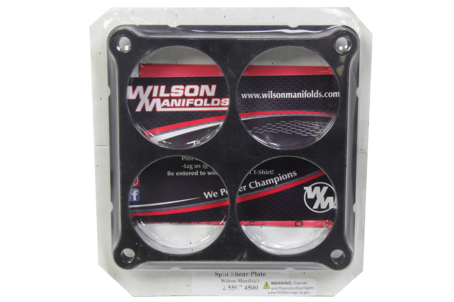 Wilson Manifolds 525255 Carburetor Shear Plate, 1/2 in Thick, 4 Bores, Square Bore, Aluminum, Black Anodized, Each