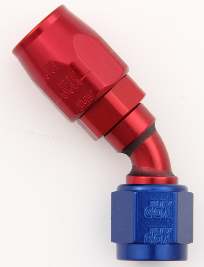 XRP 204506 Fitting, Hose End, 45 Degree, 6 AN Hose to 6 AN Female, Double Swivel, Aluminum, Blue / Red Anodized, Each