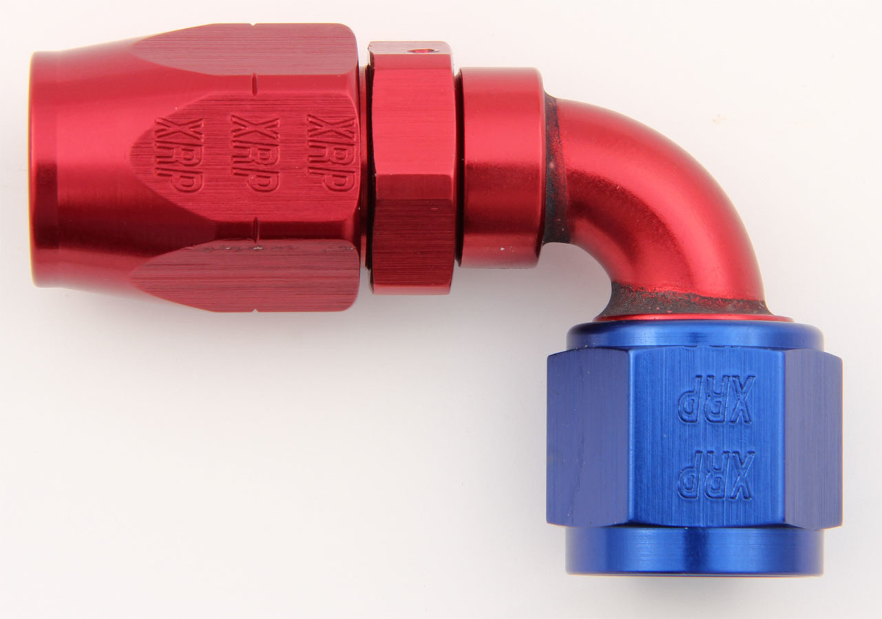 XRP 209006 Fitting, Hose End, 90 Degree, 6 AN Hose to 6 AN Female, Double Swivel, Aluminum, Blue / Red Anodized, Each