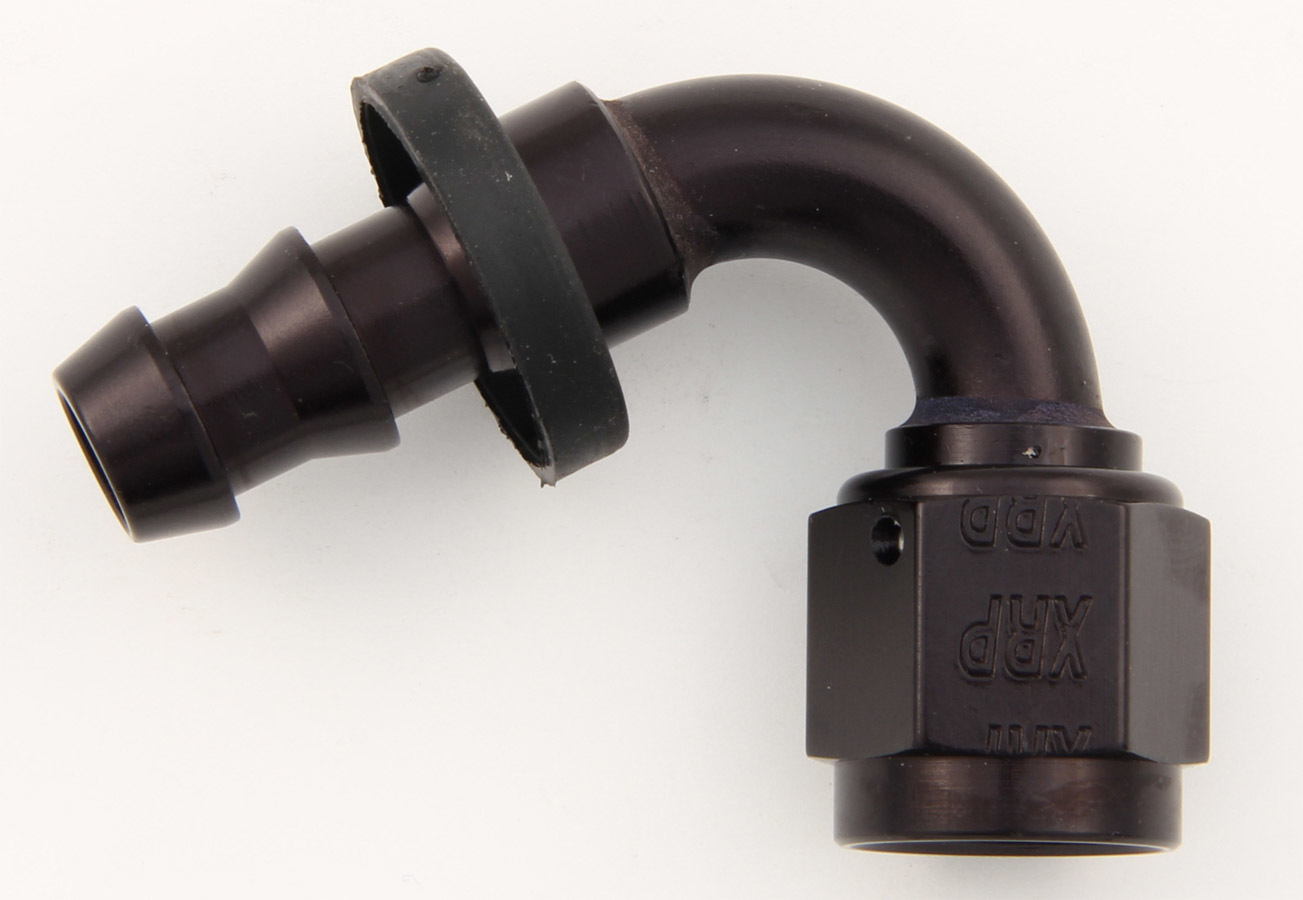 Fitting - Hose End - Push-On - 120 Degree - 4 AN Hose Barb to 4 AN Female - Aluminum - Black Anodized - Each