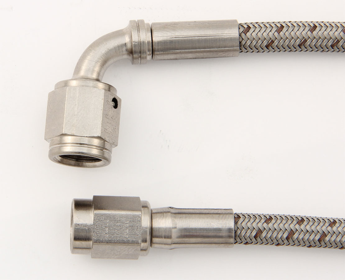 AN Hose Assembly - 50 in Long - 3 AN Hose - 3 AN Straight Female to 3 AN 90 Degree Female - Braided Stainless - PTFE Lined - Each