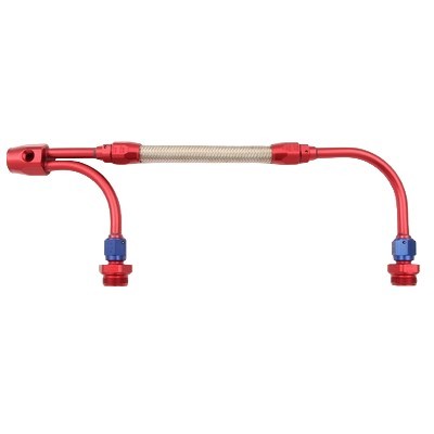 XRP 730388 Carburetor Fuel Line, 3/8 in NPT Female Inlet, 7/8-20 in Dual Outlets, Braided Stainless Hose, Blue / Red / Silver, Holley 4150, Kit