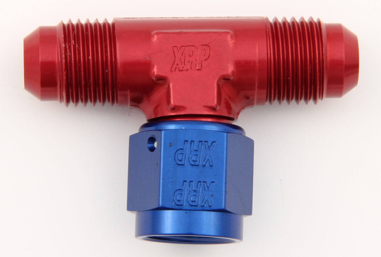 XRP 900204 Fitting, Adapter Tee, 4 AN Male x 4 AN Male, 4 AN Female Swivel, Aluminum, Blue / Red Anodized, Each