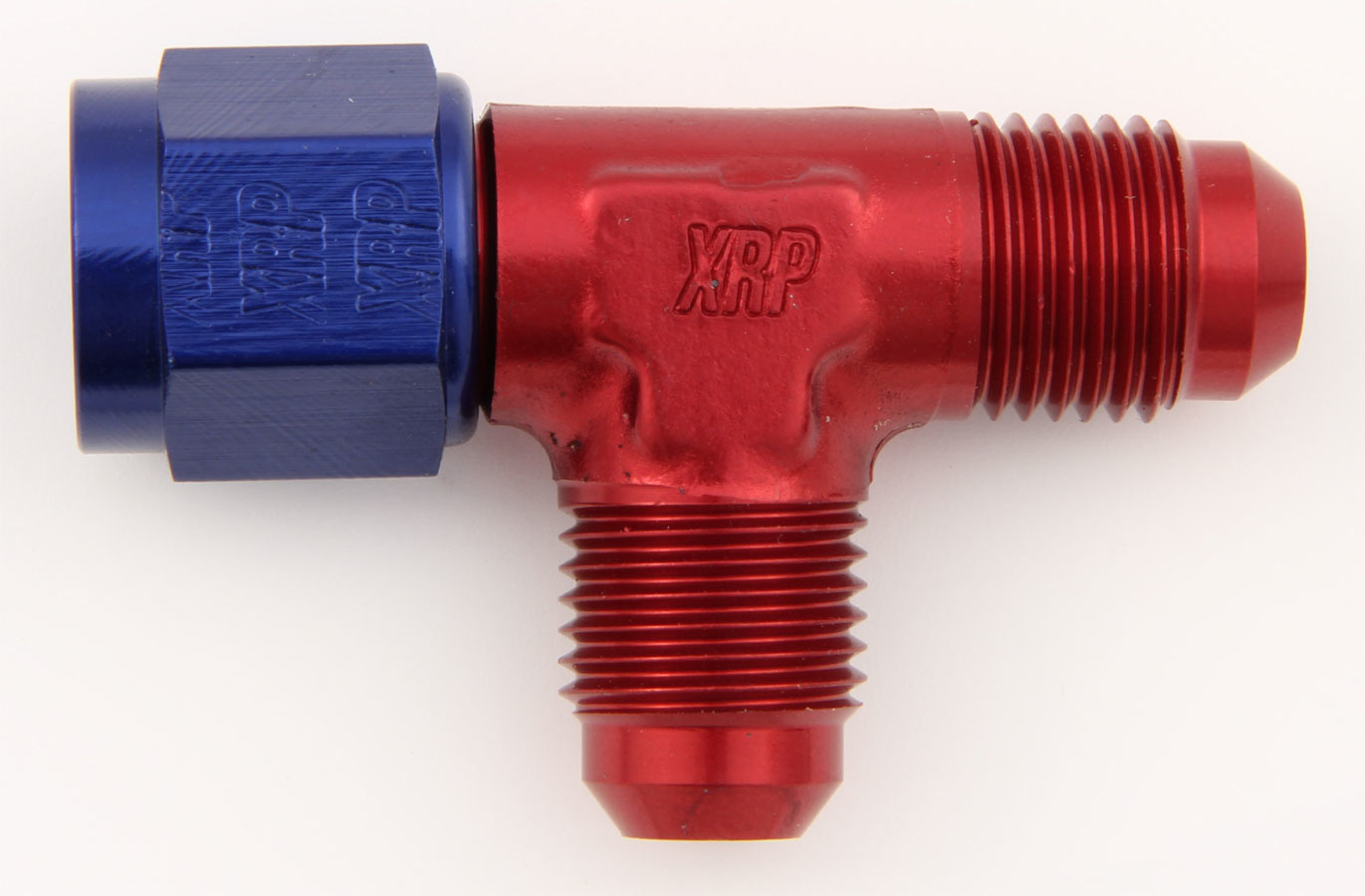 XRP 900304 Fitting, Adapter Tee, 4 AN Female Swivel x 4 AN Male x 4 AN Male, Aluminum, Blue / Red Anodized, Each